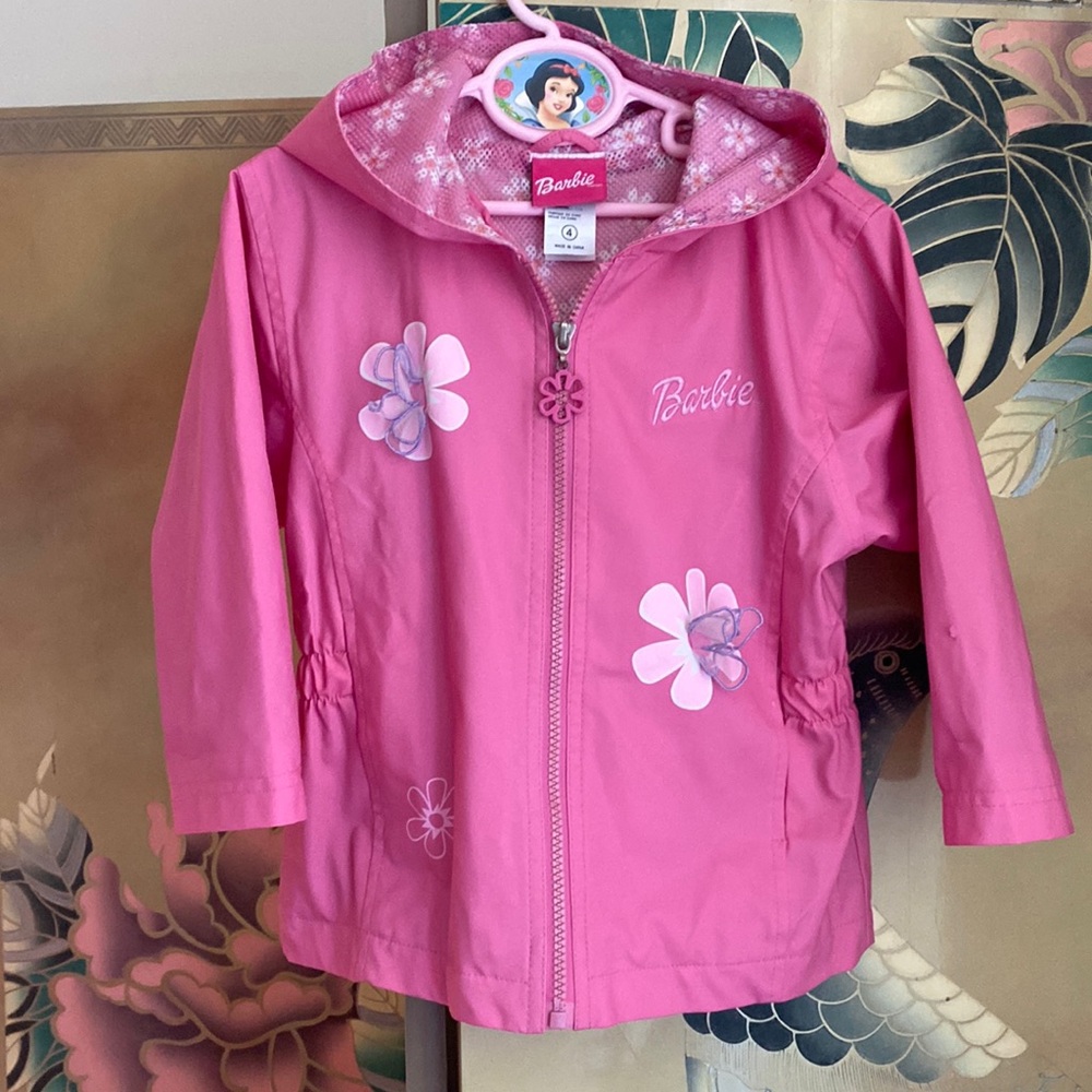 Vintage Y2K Barbie pink floral hooded rain jacket sz 4